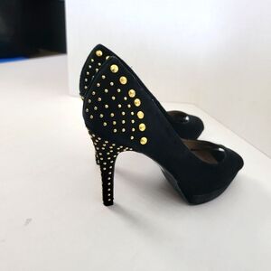 Women's shoes, sz. 6.5 med blk suede gold studded rhinestones